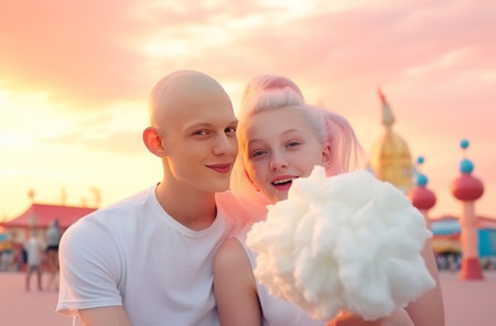 girl and albino boy enjoy cotton candy at amusement parkの素材