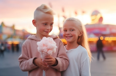 Girl and albino boy enjoy cotton candy at amusement parkの素材
