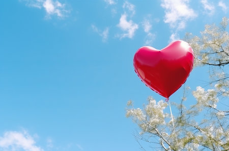 Heartshaped balloon soaring in blue skyの素材