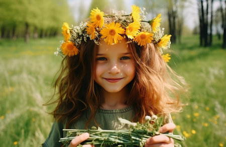 Young girl creates dandelion wreathの素材