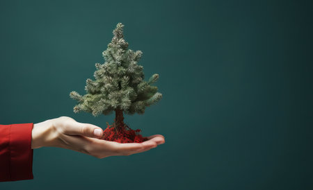 Hand presenting a small Christmas firの素材