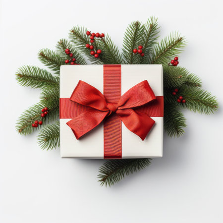 Christmas gift box with fir decorationの素材