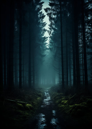 Misty forest path at dawnの素材
