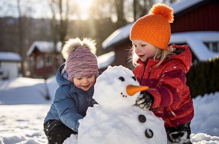 Joyful Children Playing with Snowmanの素材