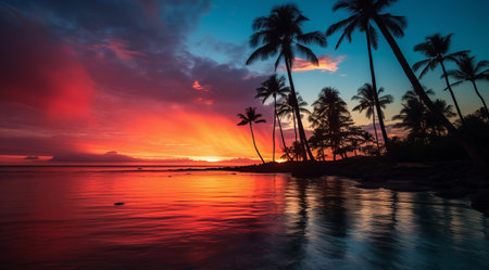 Tropical sunset with palms and ocean viewの素材