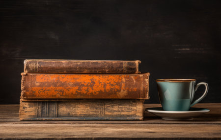 Antique books with coffee cup on tableの素材