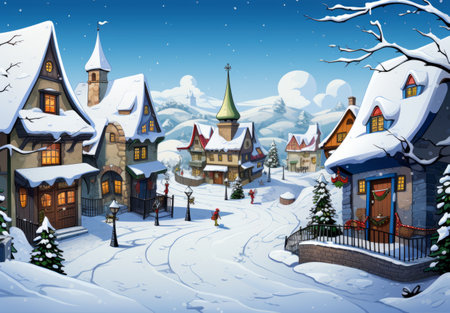 Winter town with festive decorations and snow illustrationの素材