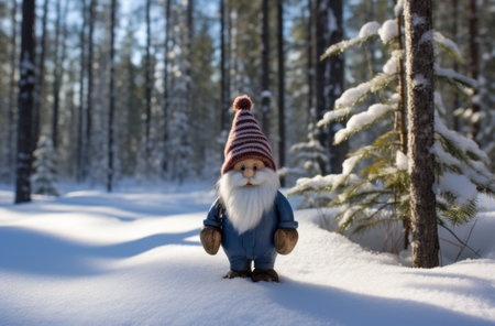 Gnome explorer in a snowy pine forestの素材
