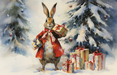 Illustration of hare with festive giftsの素材