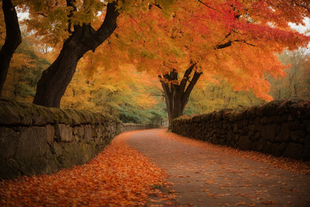 Autumnal Pathway Lined with Golden Treesの素材