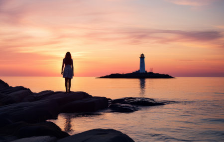 Silhouette of a Girl Overlooking Lighthouse at Sunsetの素材