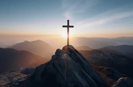 Cross overlooking mountainous landscape at dawnの素材