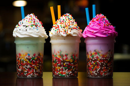 Assorted Rainbow Milkshakes with Colorful Toppingsの素材