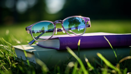 Close-up View of Sunglasses on Purple Bookの素材