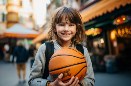 Young basketball player smiling in urban settingの素材