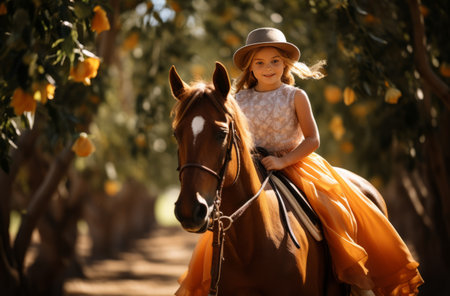 Young Girl in Hat Riding Brown Horse in Orchardの素材