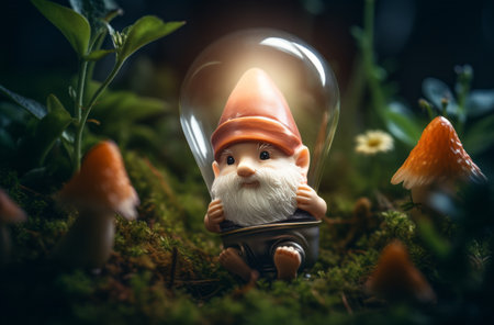Gnome holding a glowing light bulb in forestの素材