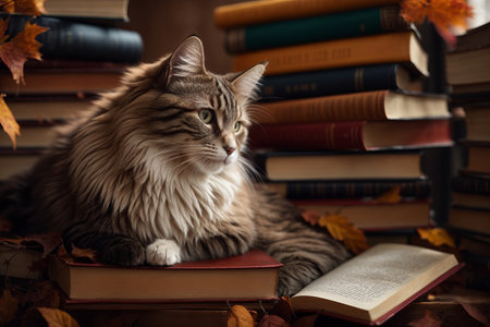 Longhaired Cat Amongst Stacks of Booksの素材