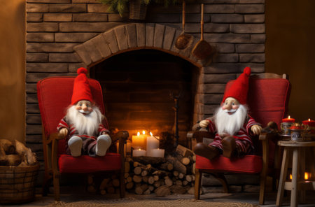 Cozy gnome couple by the fireplace in festive decorの素材