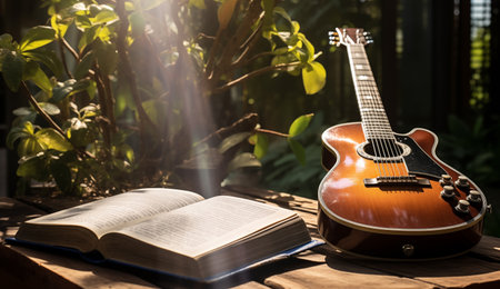 Acoustic guitar and open book in sunlightの素材