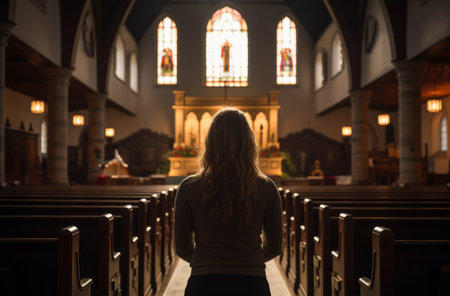 Woman in a church pewの素材