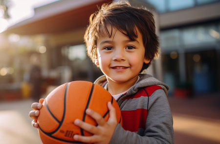 Happy young boy with basketball in sunlightの素材