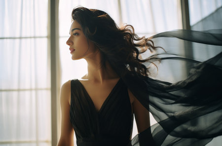 Elegant Woman with Flowing Black Dress by Windowの素材