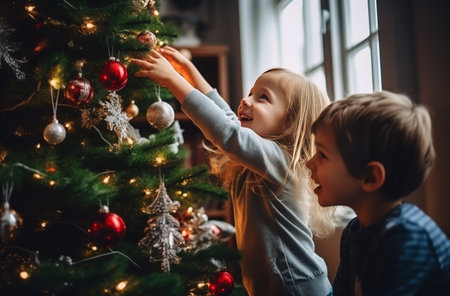 Excited Siblings Adorning Christmas Treeの素材