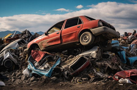 Damaged cars accumulated in a vehicle graveyardの素材