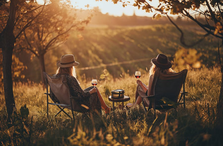 Two Women Sitting Together on a Fieldの素材