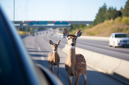 Pair of Deer Standing on Roadsideの素材