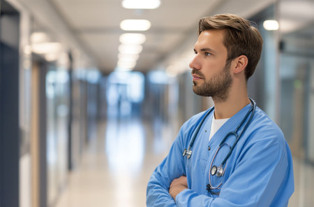Reflective surgeon in hospital settingの素材