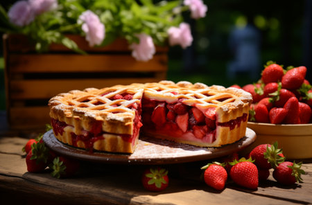 Homemade strawberry pie on a garden tableの素材