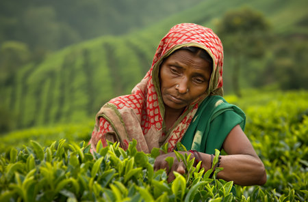 Tea picker at work in lush fieldsの素材