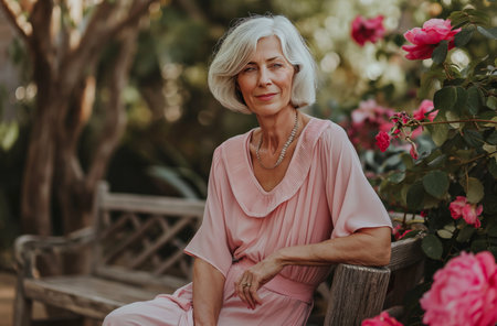 Elegant senior woman amidst blooming rosesの素材