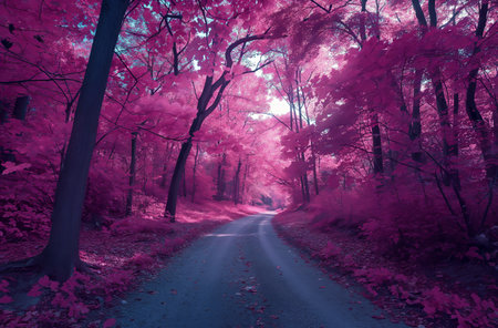 Serene Pathway Through Enchanting Pink Forestの素材