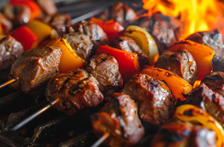 A mouth-watering close-up view of meat and vegetables grilling on a sizzling hot barbecueの素材
