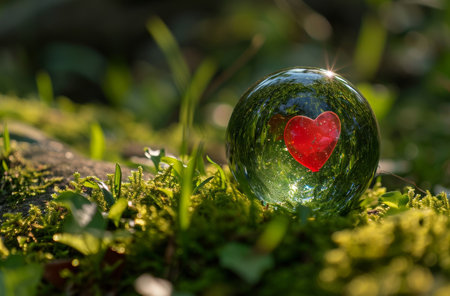 A transparent glass ball with a red heart painted on its surfaceの素材