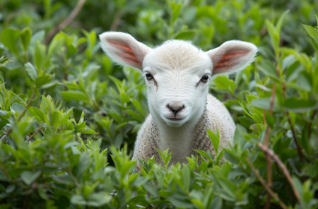 A small white sheep stands gracefully in the middle of a vibrant, verdant green fieldの素材