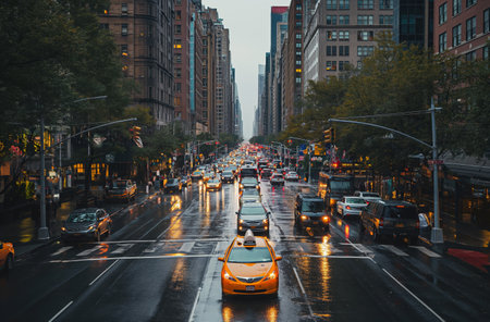 City avenue lined with buildings, with wet roads reflecting street lights, traffic signals, and a prominent yellow taxi, amidst varied vehicles during a rain showerの素材