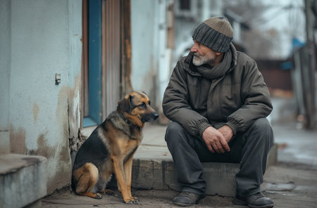 Bearded man in winter clothing sitting on a doorstep next to a German Shepherd mix, in a desolate urban areaの素材