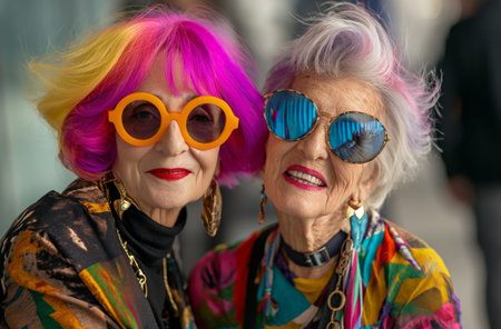 Two stylish senior women, their multi-colored hair and fashionable attire exuding youthful energy and joyの素材