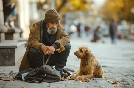 An elderly bearded man sits on the sidewalk with his dog, in an urban settingの素材