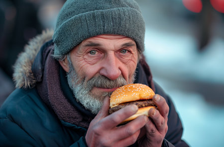 Middle-aged man with a beard, wearing a winter hat and coat, holding a burger on a city streetの素材
