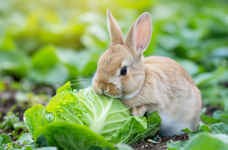 A brown rabbit with upright ears and white fur accents consumes a green lettuce leaf on a sunny day, against a blurred green backgroundの素材