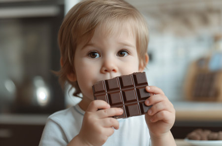 Little boy with wide eyes holding a large chocolate bar about to take a biteの素材