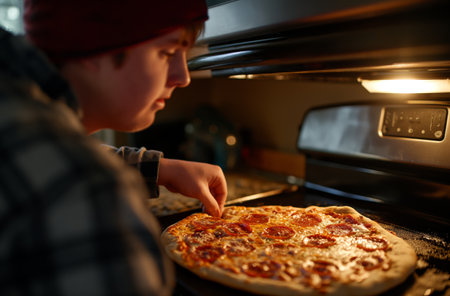 A 20-year-old man carefully places a pizza in the oven, the light from the oven illuminating his face, indicating Down syndromeの素材