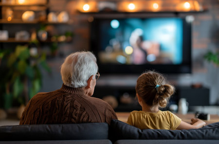 Rear view of a senior man and a young girl sitting on a couch, engrossed in a television show together in a cozy living room settingの素材