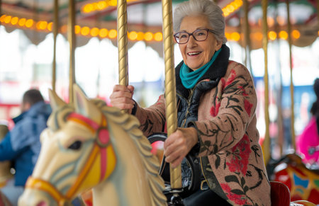 A senior woman wearing glasses and a floral scarf smiles while seated on a carousel horse, with blurred lightsの素材