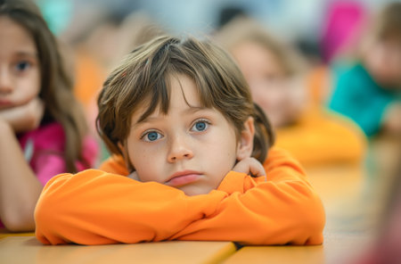 A boy wearing an orange shirt rests his head on his arms at a school desk, his eyes looking forward, surrounded by classmates in a classroom settingの素材